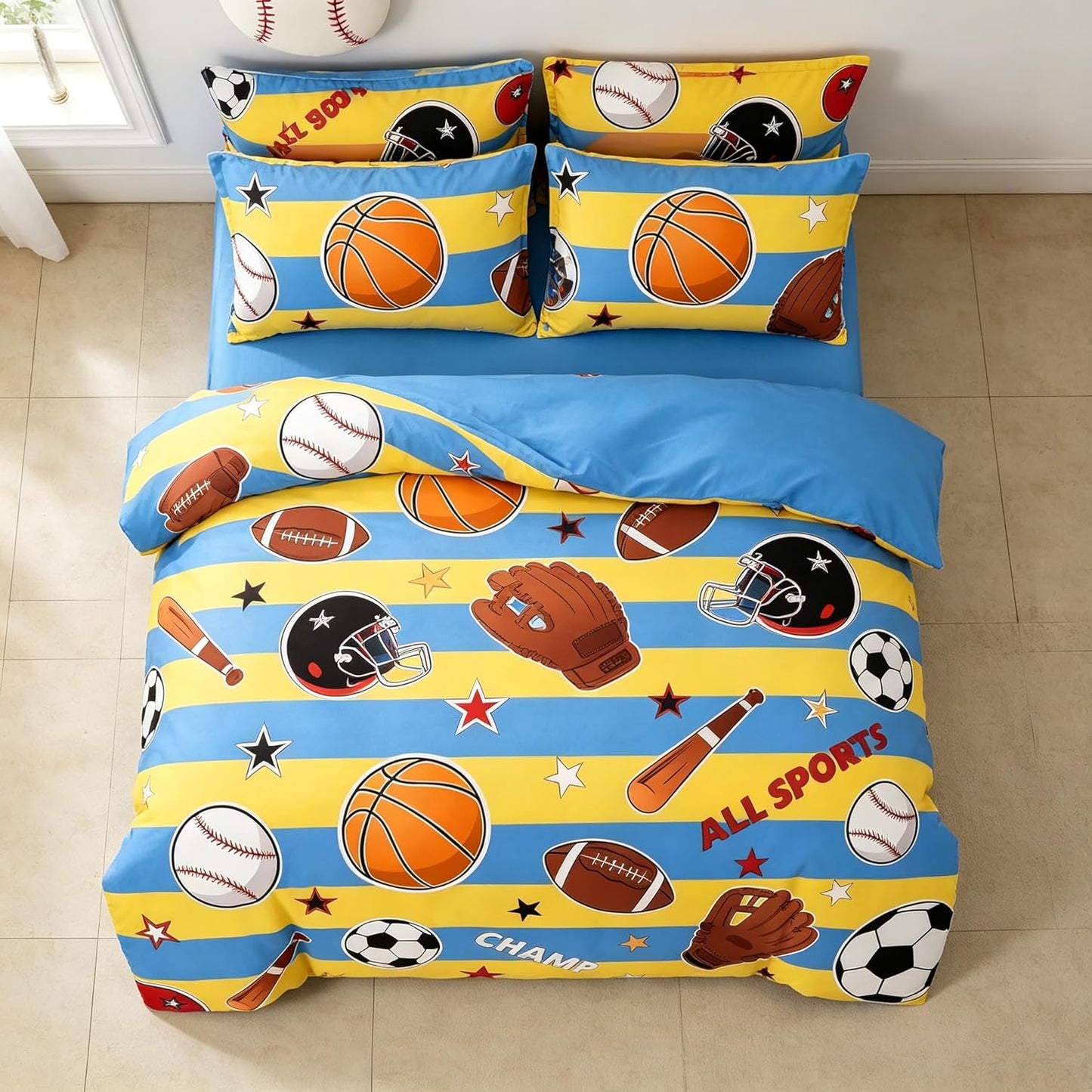 Kids Basketball Comforter Set Full Size, Sports Themed Bedding Set with Blue Yellow Stripe for Teens Boys, 3 Pieces Soft Lightweight Summer Comforter with 2 Pillowcases/79 * 90