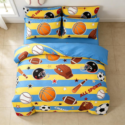 Kids Basketball Comforter Set Full Size, Sports Themed Bedding Set with Blue Yellow Stripe for Teens Boys, 3 Pieces Soft Lightweight Summer Comforter with 2 Pillowcases/79 * 90