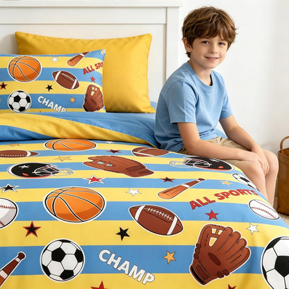 Kids Basketball Comforter Set Full Size, Sports Themed Bedding Set with Blue Yellow Stripe for Teens Boys, 3 Pieces Soft Lightweight Summer Comforter with 2 Pillowcases/79 * 90