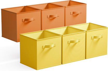 11 Inch Cube Storage Bins, Cube Storage Organizer, Fabric Storage Bins with Handle, Storage Cubes for Shelves, Closet, 3 Yellow & 3 Orange, 6-Pack