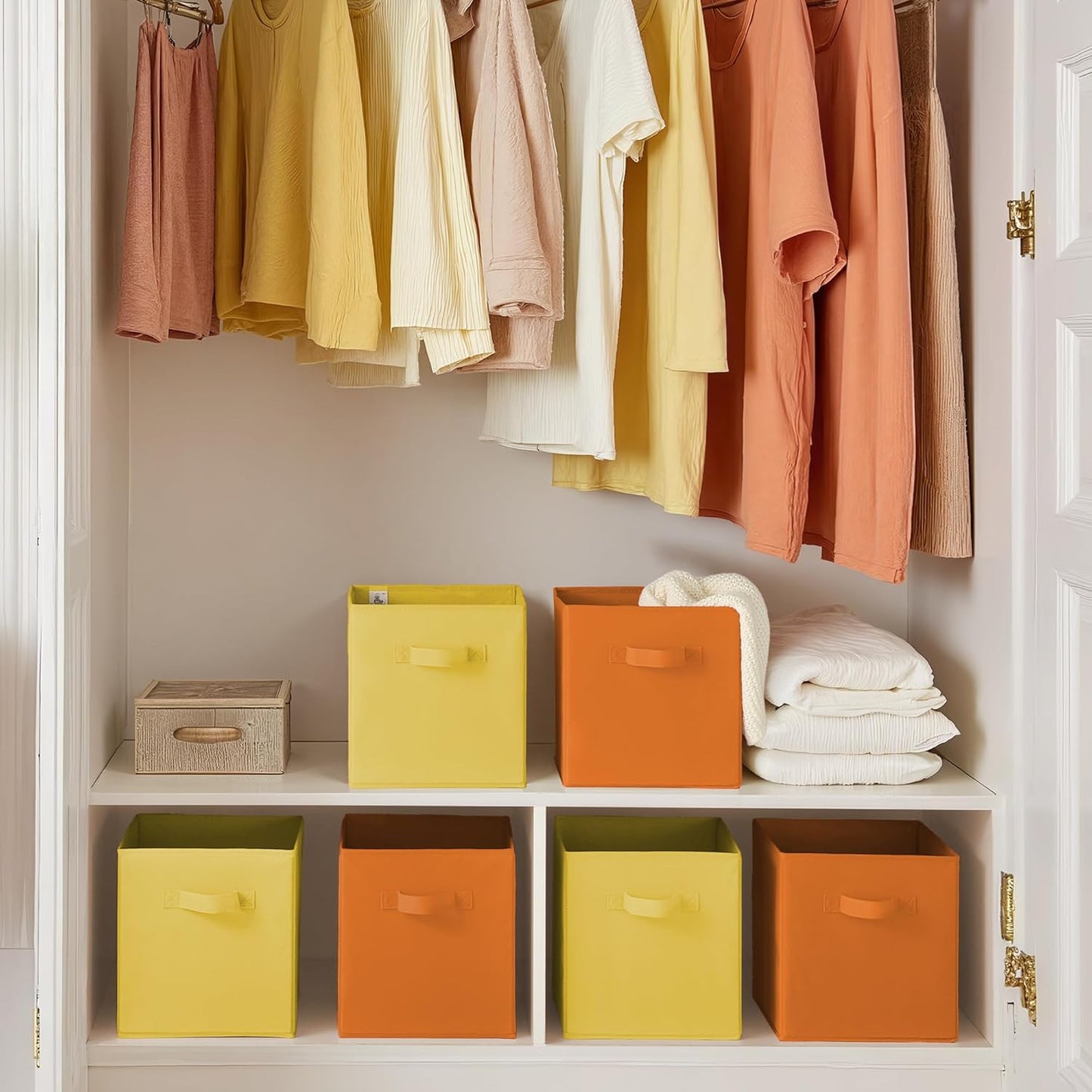 11 Inch Cube Storage Bins, Cube Storage Organizer, Fabric Storage Bins with Handle, Storage Cubes for Shelves, Closet, 3 Yellow & 3 Orange, 6-Pack