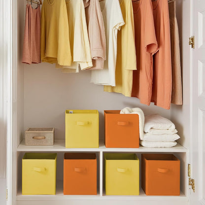 11 Inch Cube Storage Bins, Cube Storage Organizer, Fabric Storage Bins with Handle, Storage Cubes for Shelves, Closet, 3 Yellow & 3 Orange, 6-Pack