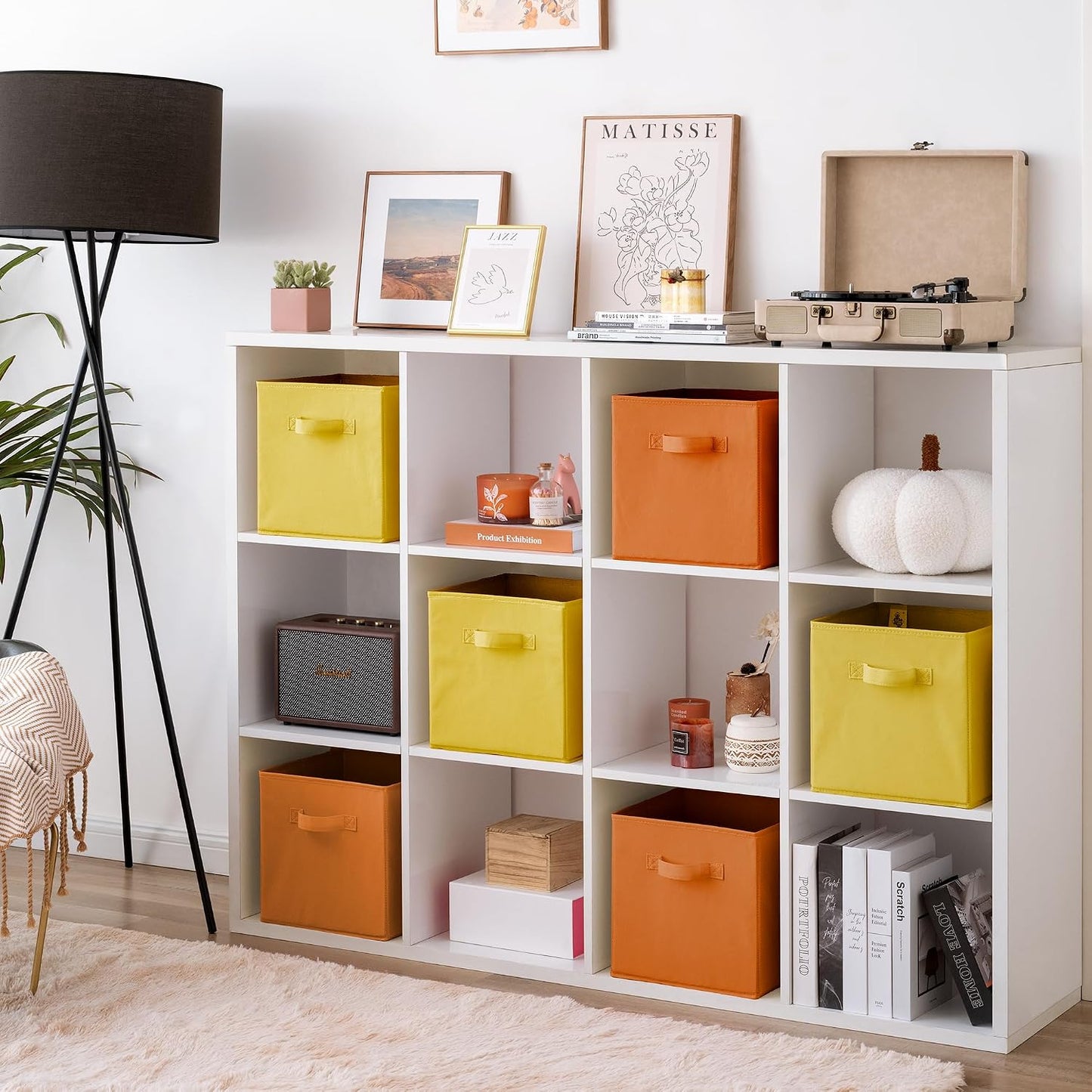 11 Inch Cube Storage Bins, Cube Storage Organizer, Fabric Storage Bins with Handle, Storage Cubes for Shelves, Closet, 3 Yellow & 3 Orange, 6-Pack