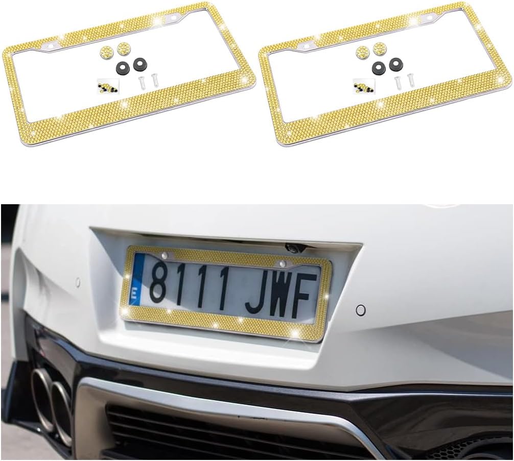 2PCS Rhinestone Stainless Steel Car License Plate Frame, Yellow | handcrafted decorative surface, mounting screw set included, fits most cars, SUVs, and trucks, car exterior accessories