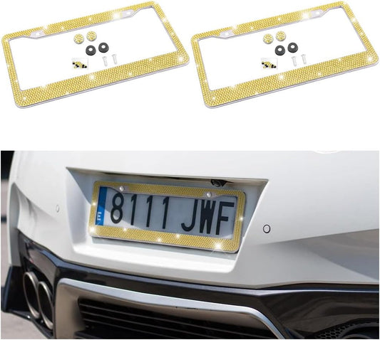 2PCS Rhinestone Stainless Steel Car License Plate Frame, Yellow | handcrafted decorative surface, mounting screw set included, fits most cars, SUVs, and trucks, car exterior accessories