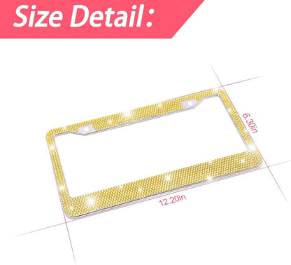 2PCS Rhinestone Stainless Steel Car License Plate Frame, Yellow | handcrafted decorative surface, mounting screw set included, fits most cars, SUVs, and trucks, car exterior accessories