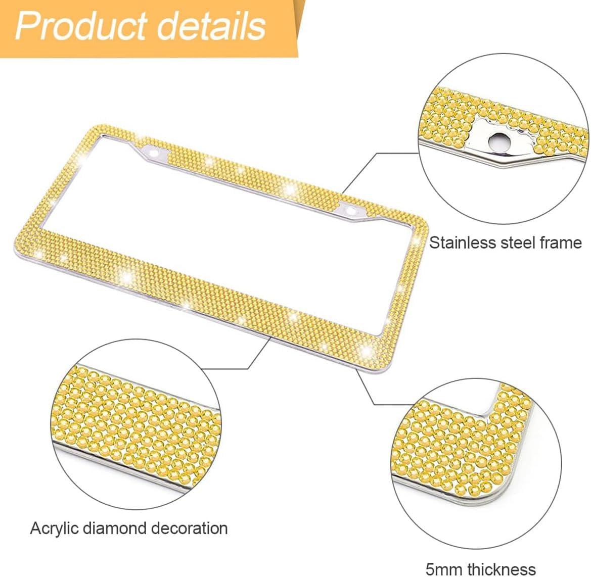 2PCS Rhinestone Stainless Steel Car License Plate Frame, Yellow | handcrafted decorative surface, mounting screw set included, fits most cars, SUVs, and trucks, car exterior accessories