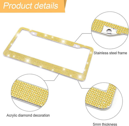 2PCS Rhinestone Stainless Steel Car License Plate Frame, Yellow | handcrafted decorative surface, mounting screw set included, fits most cars, SUVs, and trucks, car exterior accessories