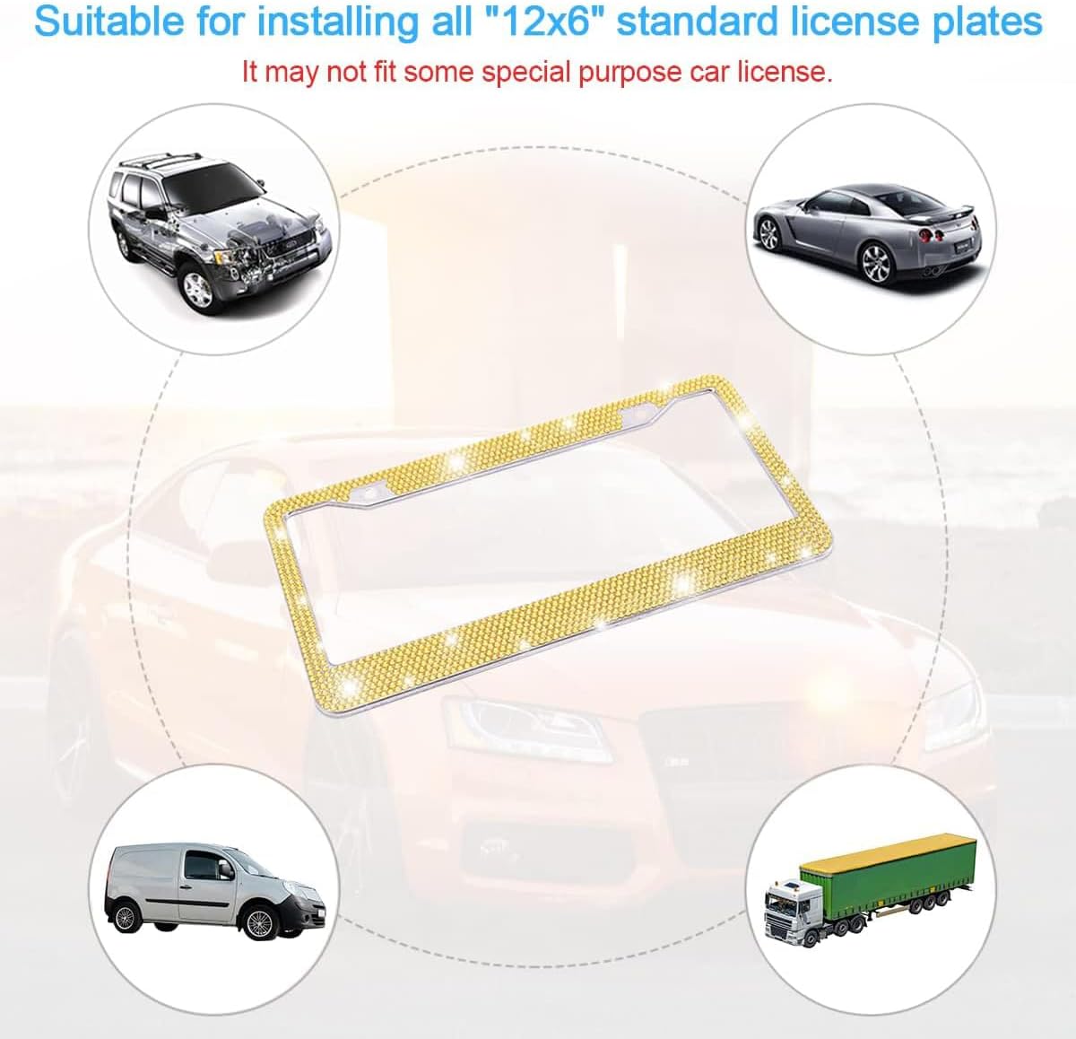 2PCS Rhinestone Stainless Steel Car License Plate Frame, Yellow | handcrafted decorative surface, mounting screw set included, fits most cars, SUVs, and trucks, car exterior accessories