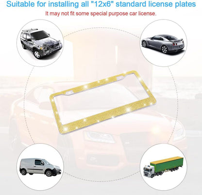 2PCS Rhinestone Stainless Steel Car License Plate Frame, Yellow | handcrafted decorative surface, mounting screw set included, fits most cars, SUVs, and trucks, car exterior accessories