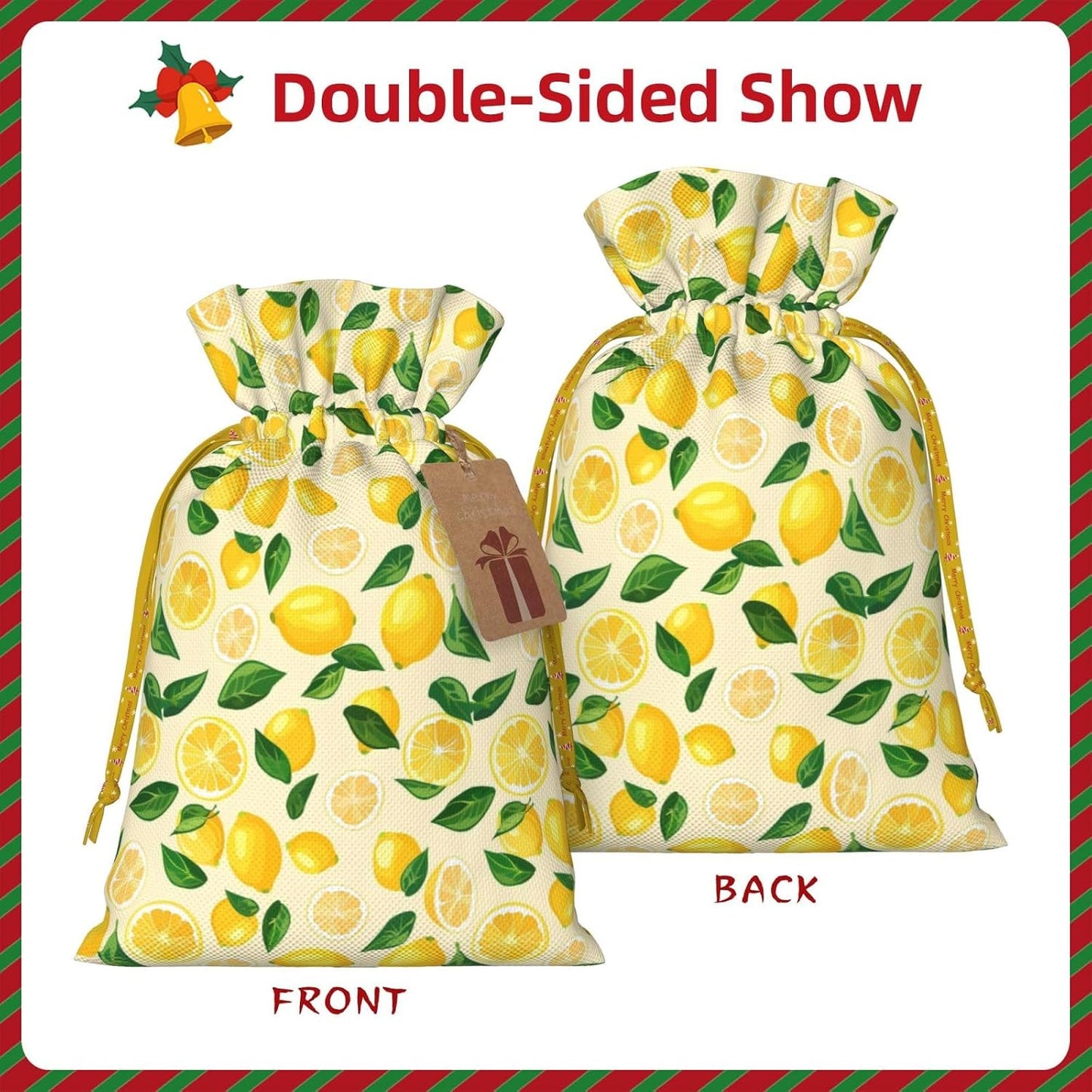 Bright Lemons And Lemon Slices For Christmas Drawstring Gift Bags, 4.7"x6.9" Holiday Gift Wrapping Bag For Xmas Holiday Present Wrapping & Festival Party Supplies