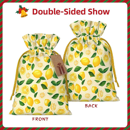 Bright Lemons And Lemon Slices For Christmas Drawstring Gift Bags, 4.7"x6.9" Holiday Gift Wrapping Bag For Xmas Holiday Present Wrapping & Festival Party Supplies