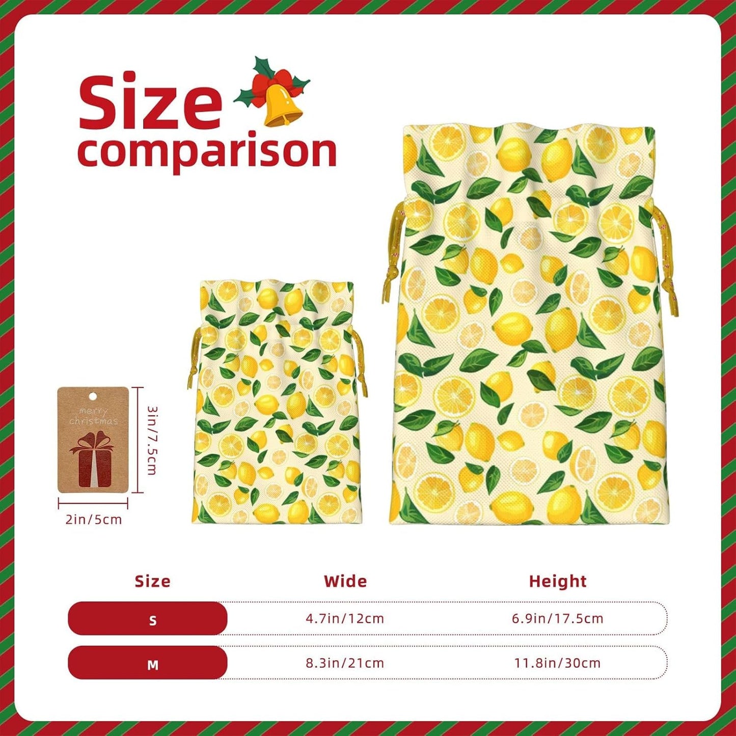 Bright Lemons And Lemon Slices For Christmas Drawstring Gift Bags, 4.7"x6.9" Holiday Gift Wrapping Bag For Xmas Holiday Present Wrapping & Festival Party Supplies