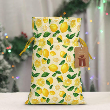 Bright Lemons And Lemon Slices For Christmas Drawstring Gift Bags, 4.7"x6.9" Holiday Gift Wrapping Bag For Xmas Holiday Present Wrapping & Festival Party Supplies
