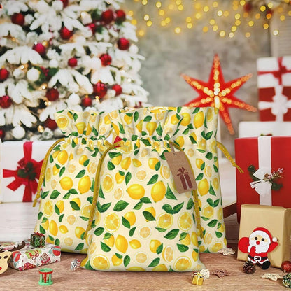 Bright Lemons And Lemon Slices For Christmas Drawstring Gift Bags, 4.7"x6.9" Holiday Gift Wrapping Bag For Xmas Holiday Present Wrapping & Festival Party Supplies