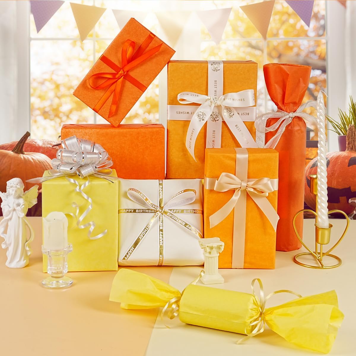 120 Sheets Orange Yellow Tissue Paper, 14 × 20” Gift Tissue Paper Bulk for Gift Bags Packaging DIY Crafts Wrapping, Gift Wrapping Tissue for Birthday Party Halloween Fall Easter Thanksgiving