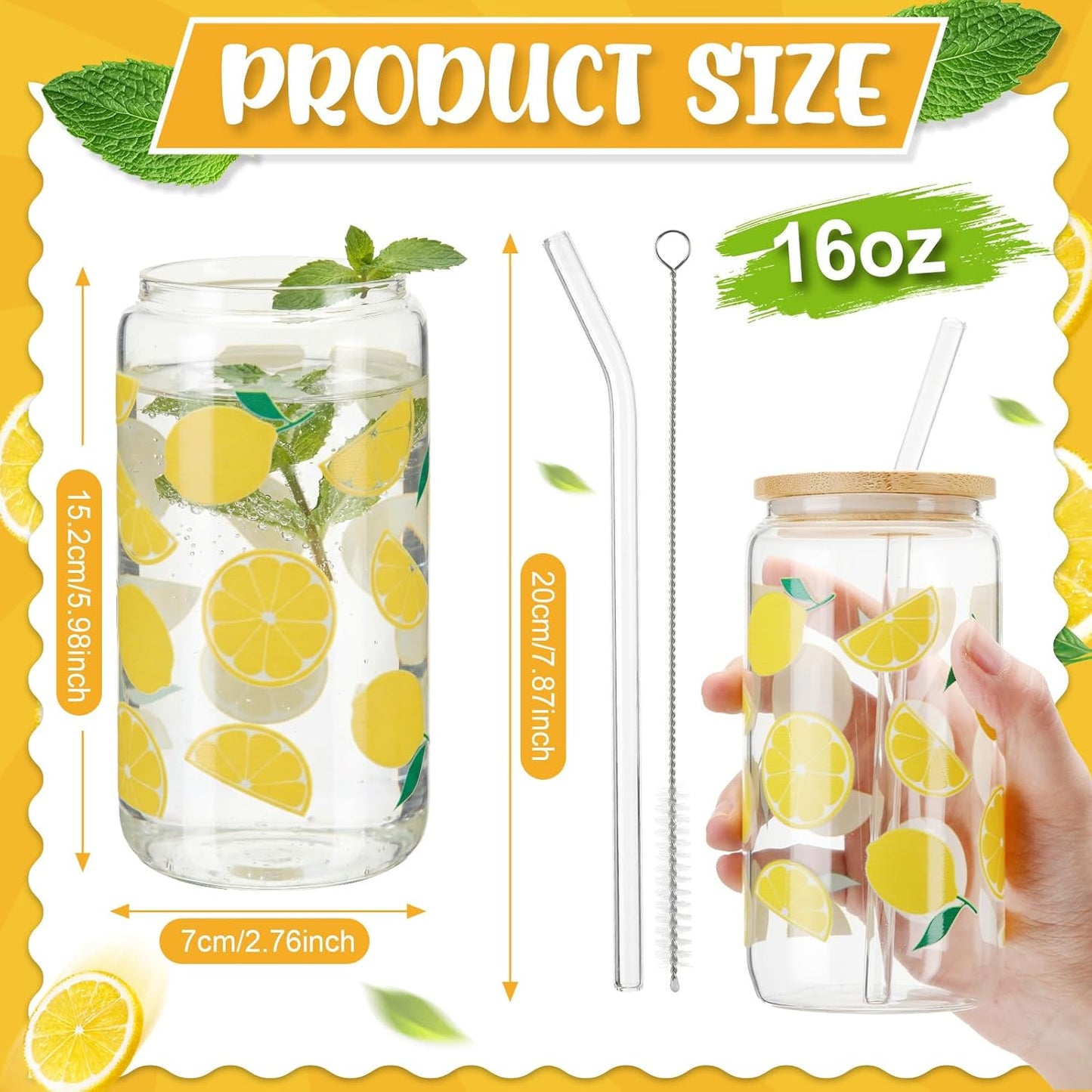 6 Set Lemon Glass Cups 16 oz Summer Drinking Tumbler with Lid Straw and Stopper Can Shaped Beer Iced Coffee Cup Appreciation Gifts with Cards and Bow for Summer Party Favor Decorations