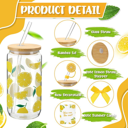 6 Set Lemon Glass Cups 16 oz Summer Drinking Tumbler with Lid Straw and Stopper Can Shaped Beer Iced Coffee Cup Appreciation Gifts with Cards and Bow for Summer Party Favor Decorations