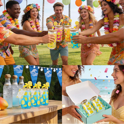 6 Set Lemon Glass Cups 16 oz Summer Drinking Tumbler with Lid Straw and Stopper Can Shaped Beer Iced Coffee Cup Appreciation Gifts with Cards and Bow for Summer Party Favor Decorations