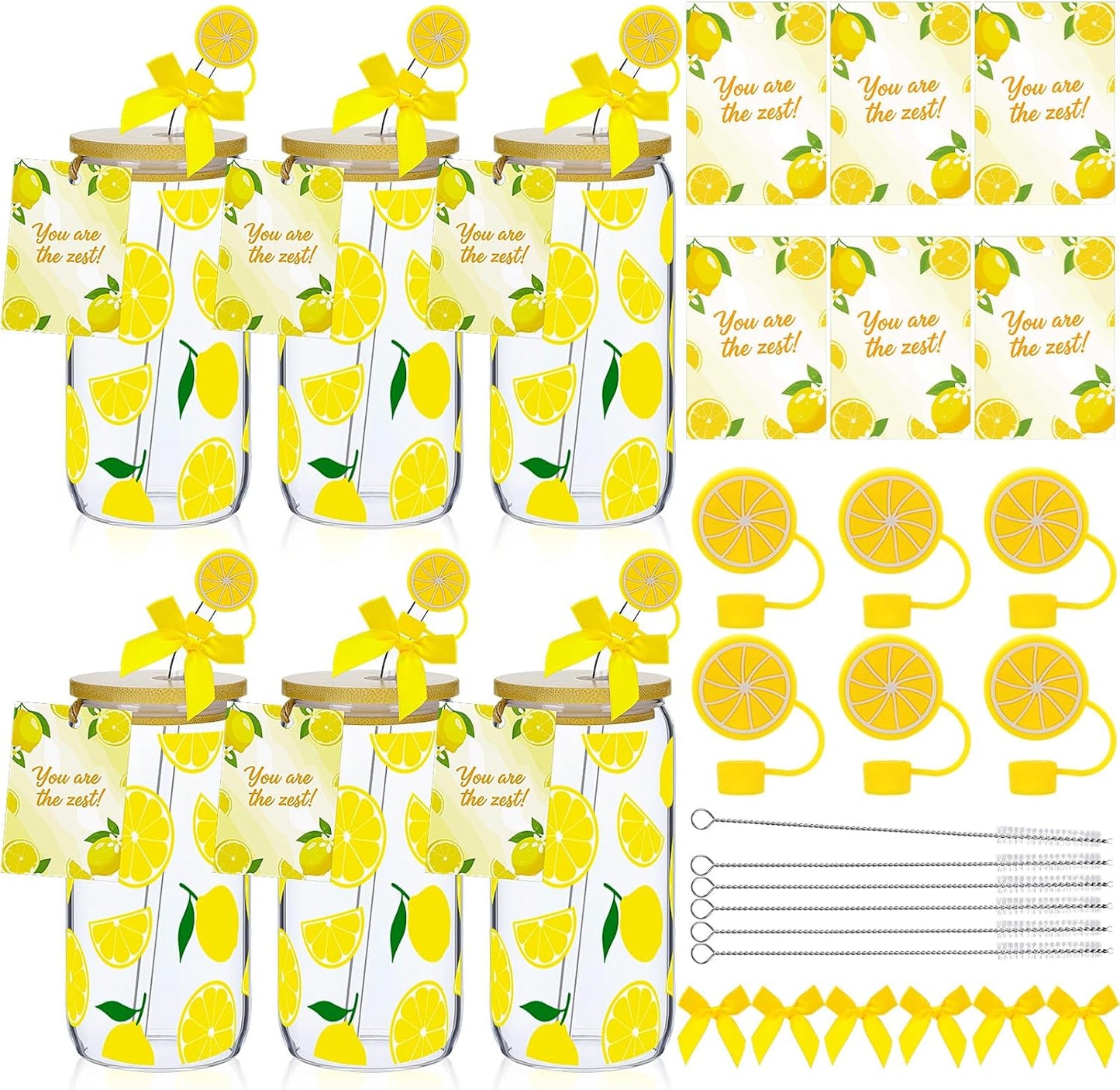 6 Set Lemon Glass Cups 16 oz Summer Drinking Tumbler with Lid Straw and Stopper Can Shaped Beer Iced Coffee Cup Appreciation Gifts with Cards and Bow for Summer Party Favor Decorations