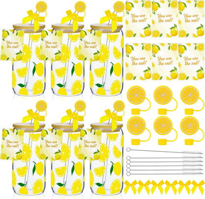 6 Set Lemon Glass Cups 16 oz Summer Drinking Tumbler with Lid Straw and Stopper Can Shaped Beer Iced Coffee Cup Appreciation Gifts with Cards and Bow for Summer Party Favor Decorations