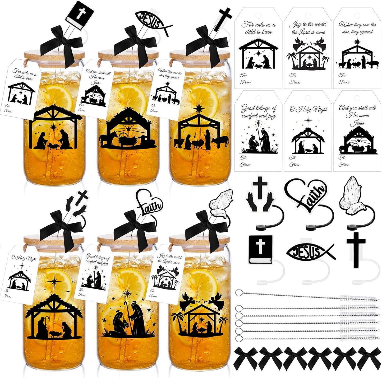 6 Set Lemon Glass Cups 16 oz Summer Drinking Tumbler with Lid Straw and Stopper Can Shaped Beer Iced Coffee Cup Appreciation Gifts with Cards and Bow for Summer Party Favor Decorations