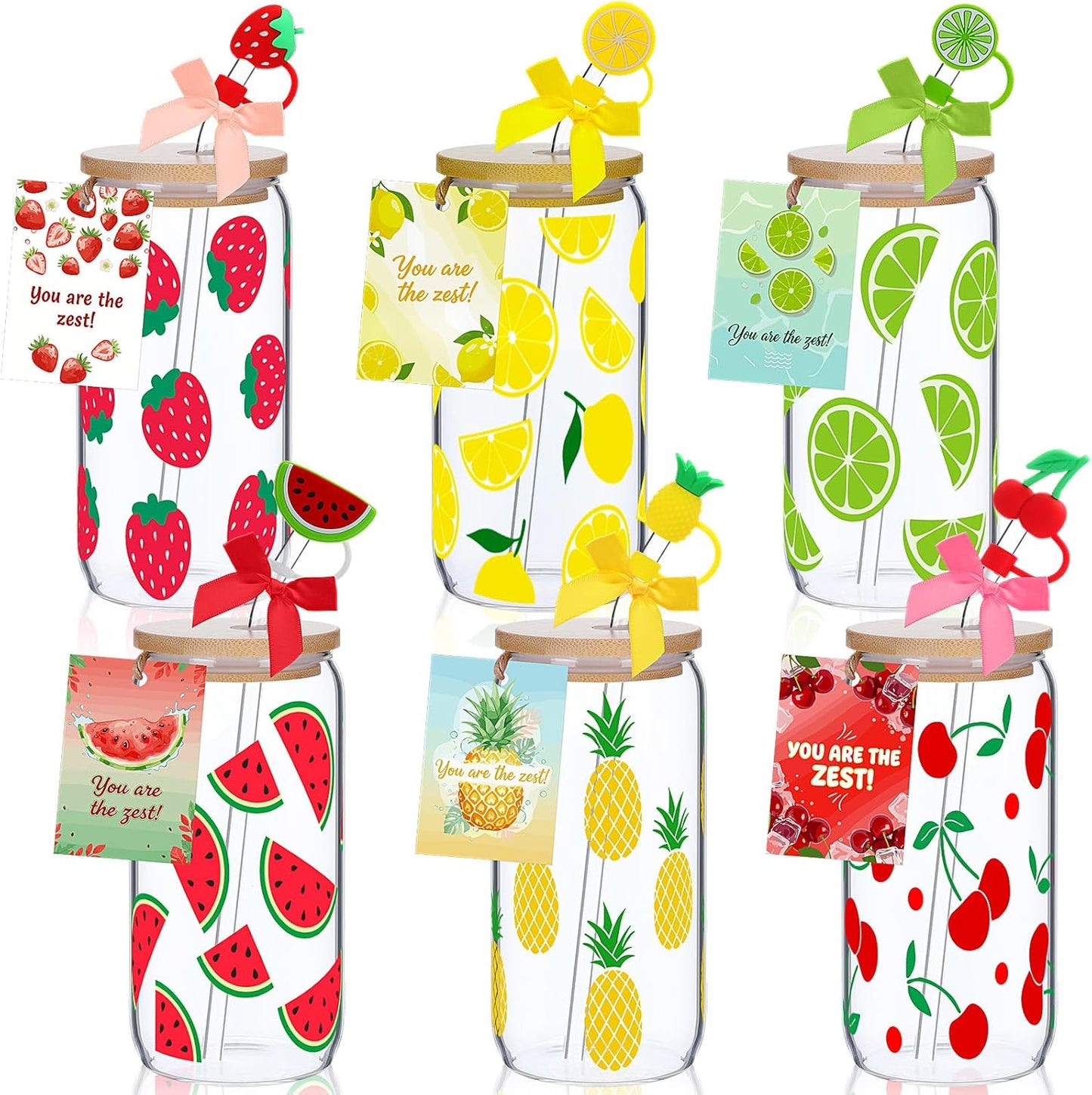 6 Set Lemon Glass Cups 16 oz Summer Drinking Tumbler with Lid Straw and Stopper Can Shaped Beer Iced Coffee Cup Appreciation Gifts with Cards and Bow for Summer Party Favor Decorations
