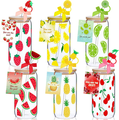 6 Set Lemon Glass Cups 16 oz Summer Drinking Tumbler with Lid Straw and Stopper Can Shaped Beer Iced Coffee Cup Appreciation Gifts with Cards and Bow for Summer Party Favor Decorations