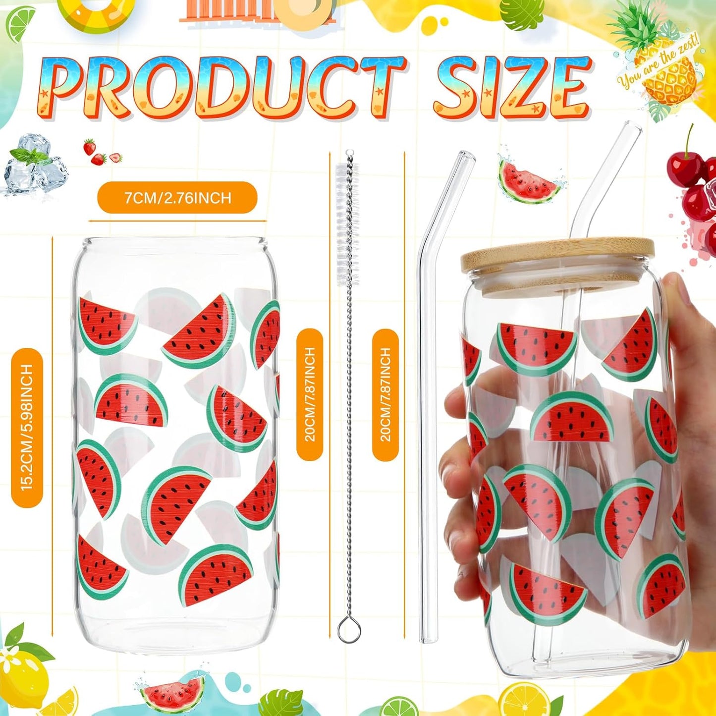 6 Set Lemon Glass Cups 16 oz Summer Drinking Tumbler with Lid Straw and Stopper Can Shaped Beer Iced Coffee Cup Appreciation Gifts with Cards and Bow for Summer Party Favor Decorations