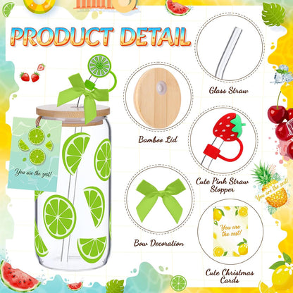 6 Set Lemon Glass Cups 16 oz Summer Drinking Tumbler with Lid Straw and Stopper Can Shaped Beer Iced Coffee Cup Appreciation Gifts with Cards and Bow for Summer Party Favor Decorations