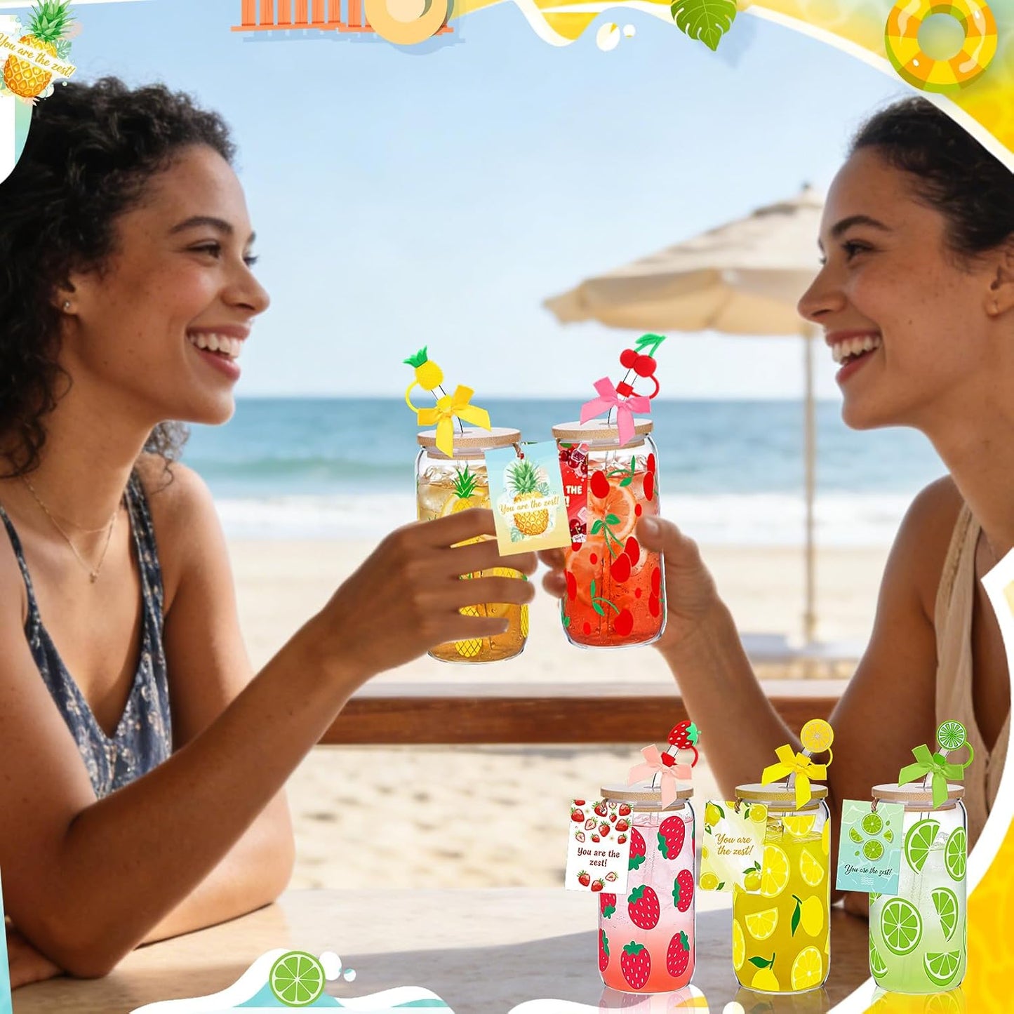 6 Set Lemon Glass Cups 16 oz Summer Drinking Tumbler with Lid Straw and Stopper Can Shaped Beer Iced Coffee Cup Appreciation Gifts with Cards and Bow for Summer Party Favor Decorations