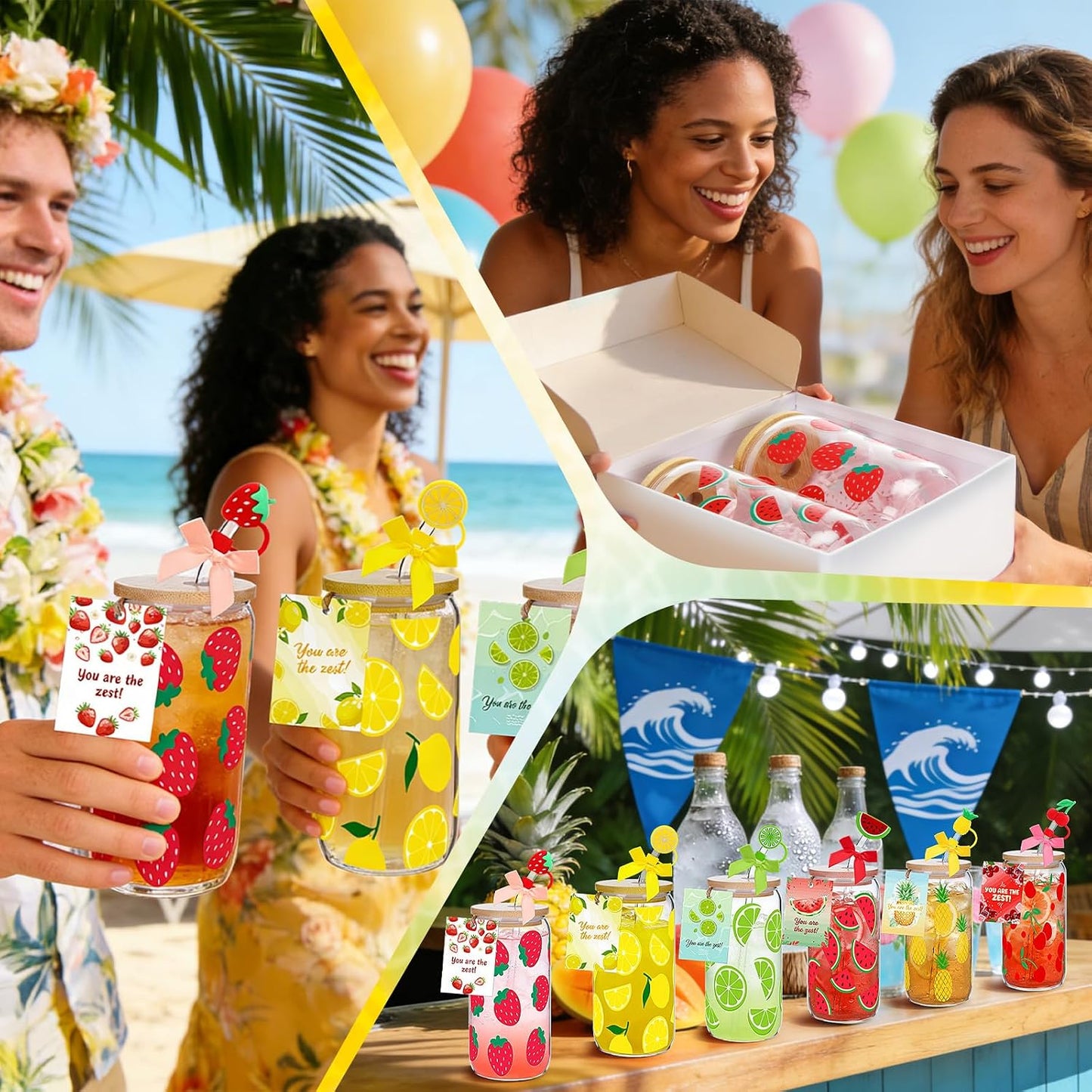 6 Set Lemon Glass Cups 16 oz Summer Drinking Tumbler with Lid Straw and Stopper Can Shaped Beer Iced Coffee Cup Appreciation Gifts with Cards and Bow for Summer Party Favor Decorations