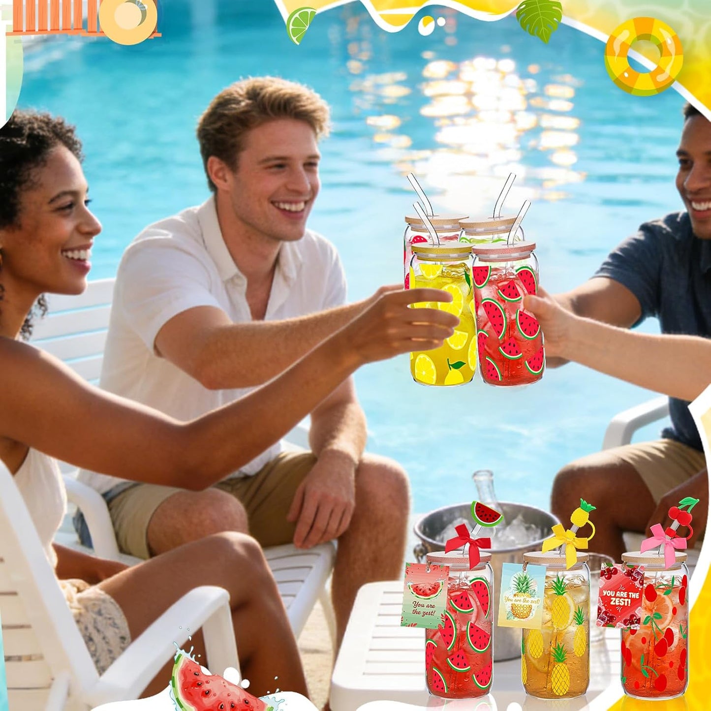 6 Set Lemon Glass Cups 16 oz Summer Drinking Tumbler with Lid Straw and Stopper Can Shaped Beer Iced Coffee Cup Appreciation Gifts with Cards and Bow for Summer Party Favor Decorations