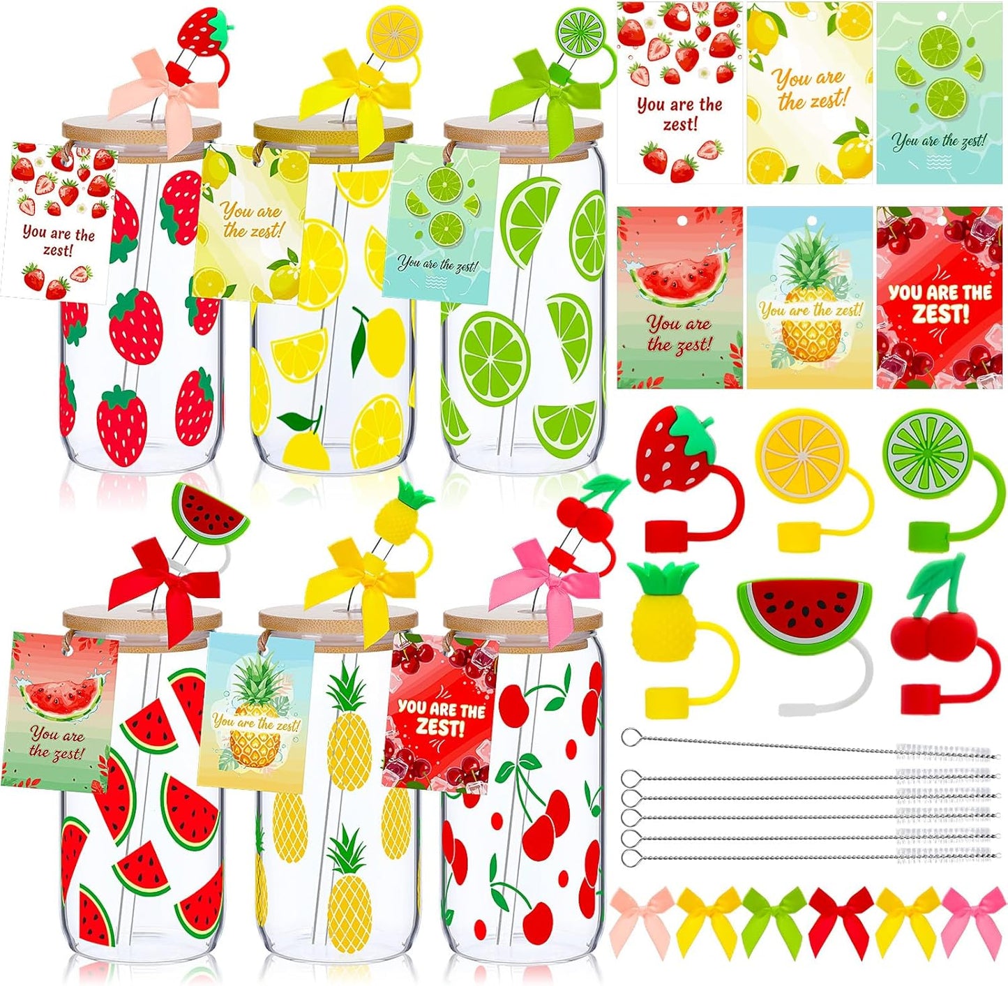 6 Set Lemon Glass Cups 16 oz Summer Drinking Tumbler with Lid Straw and Stopper Can Shaped Beer Iced Coffee Cup Appreciation Gifts with Cards and Bow for Summer Party Favor Decorations