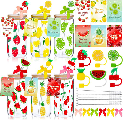 6 Set Lemon Glass Cups 16 oz Summer Drinking Tumbler with Lid Straw and Stopper Can Shaped Beer Iced Coffee Cup Appreciation Gifts with Cards and Bow for Summer Party Favor Decorations