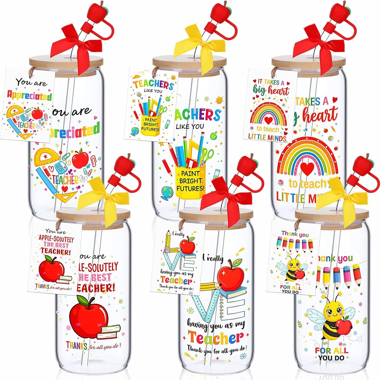 6 Set Lemon Glass Cups 16 oz Summer Drinking Tumbler with Lid Straw and Stopper Can Shaped Beer Iced Coffee Cup Appreciation Gifts with Cards and Bow for Summer Party Favor Decorations