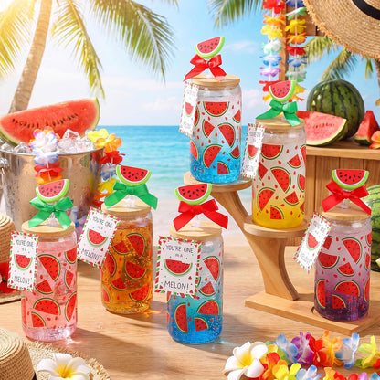 6 Set Lemon Glass Cups 16 oz Summer Drinking Tumbler with Lid Straw and Stopper Can Shaped Beer Iced Coffee Cup Appreciation Gifts with Cards and Bow for Summer Party Favor Decorations