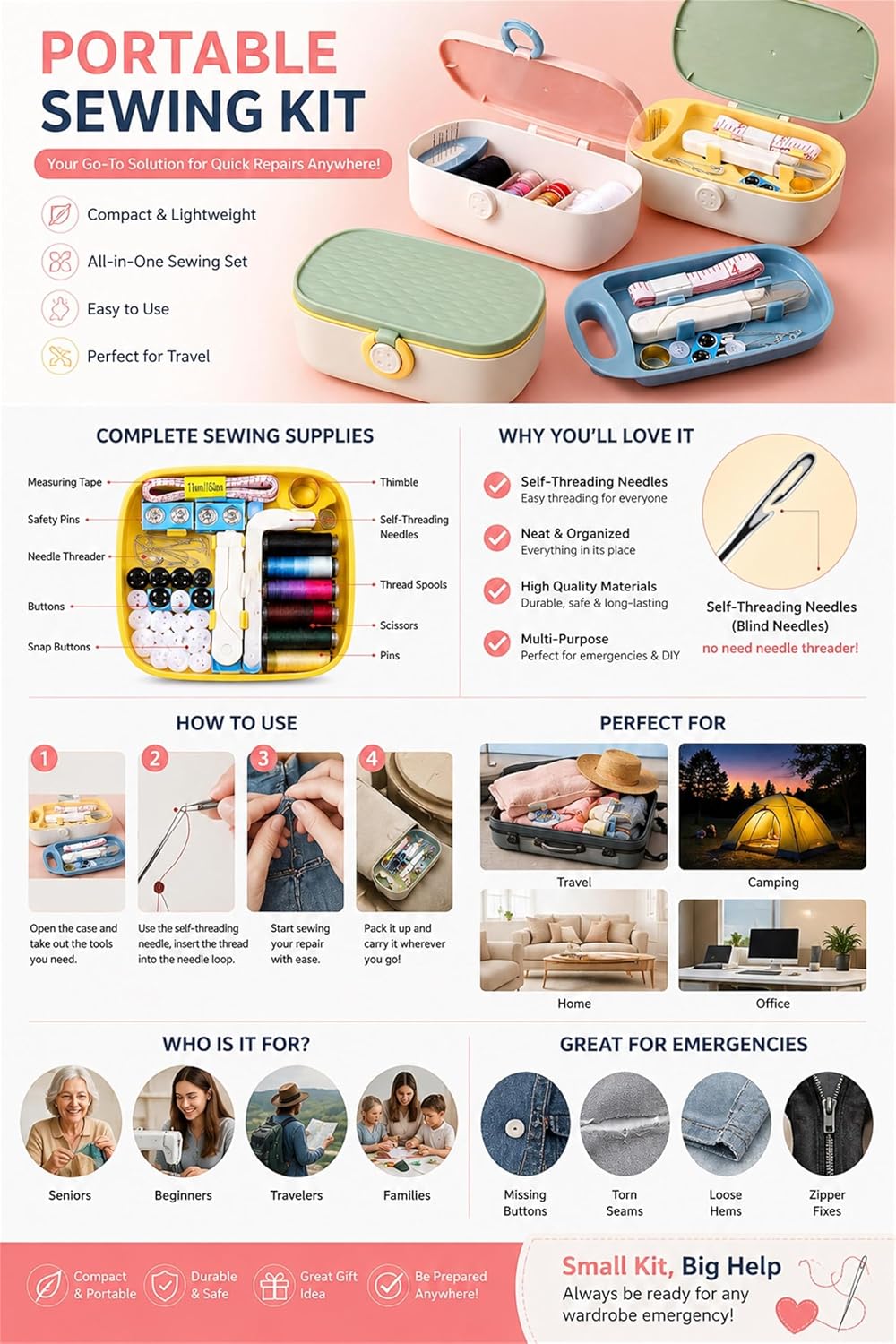 Yellow Sewing Project Kit, 135 Pcs Family Sewing Supplies Repair Kit Traveler Sewing Kit Sewing Thread Accessories DIY Sewing Supplies Organizer (Yellow)
