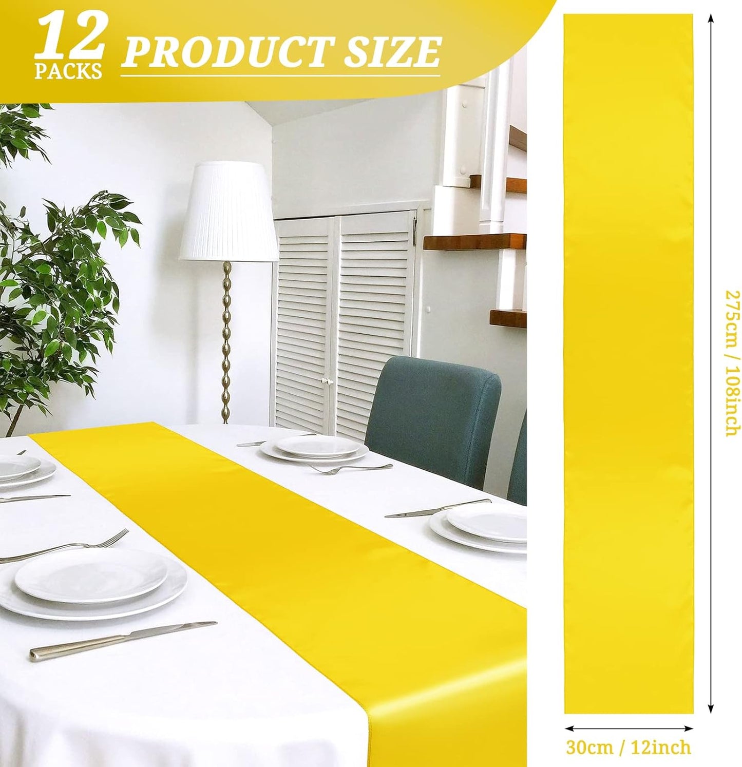 12 Pack Yellow Satin Table Runner 12 x 108 Inch Long Premium Table Runners for Wedding Party Events Decoration, Birthday Parties, Banquets Decorations, Graduations, Engagements