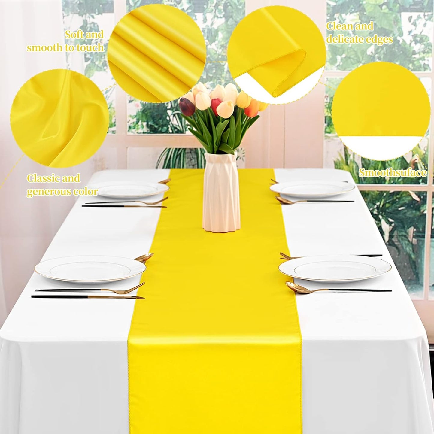 12 Pack Yellow Satin Table Runner 12 x 108 Inch Long Premium Table Runners for Wedding Party Events Decoration, Birthday Parties, Banquets Decorations, Graduations, Engagements