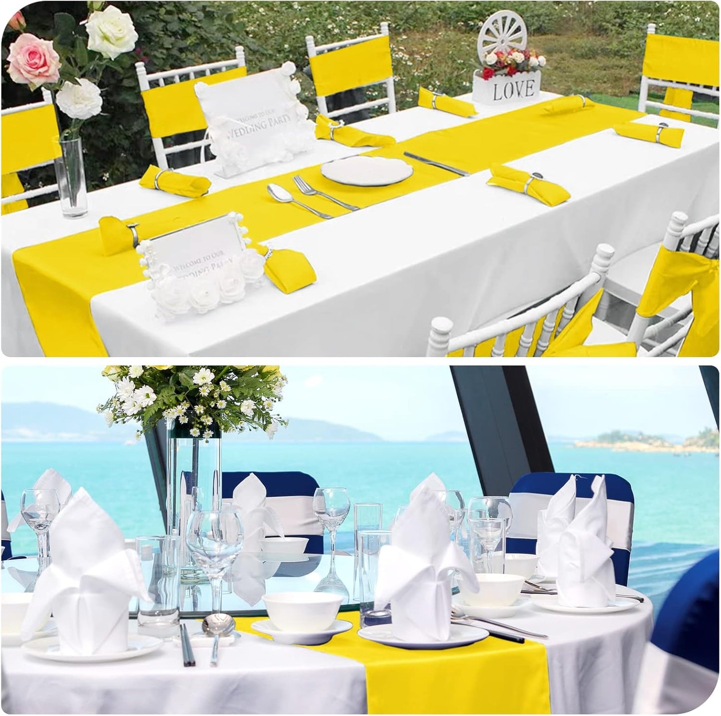 12 Pack Yellow Satin Table Runner 12 x 108 Inch Long Premium Table Runners for Wedding Party Events Decoration, Birthday Parties, Banquets Decorations, Graduations, Engagements