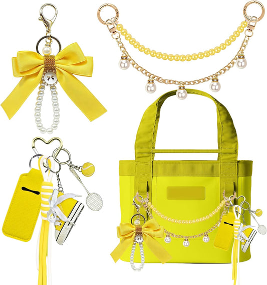 Tote Bag Charm Set for YETI Camino & Bogg, Bow Pom Pom Accessories (Yellow Sunny) | 11PCS tote charm set with pearl chain, acrylic chain, lipstick holder, tennis & shoe charms. DIY fashion bag decoration gift