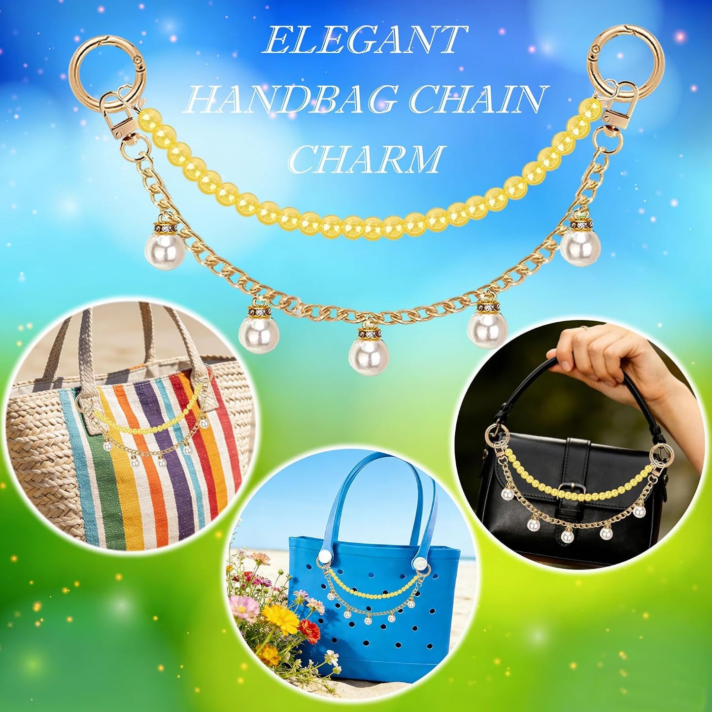 Tote Bag Charm Set for YETI Camino & Bogg, Bow Pom Pom Accessories (Yellow Sunny) | 11PCS tote charm set with pearl chain, acrylic chain, lipstick holder, tennis & shoe charms. DIY fashion bag decoration gift