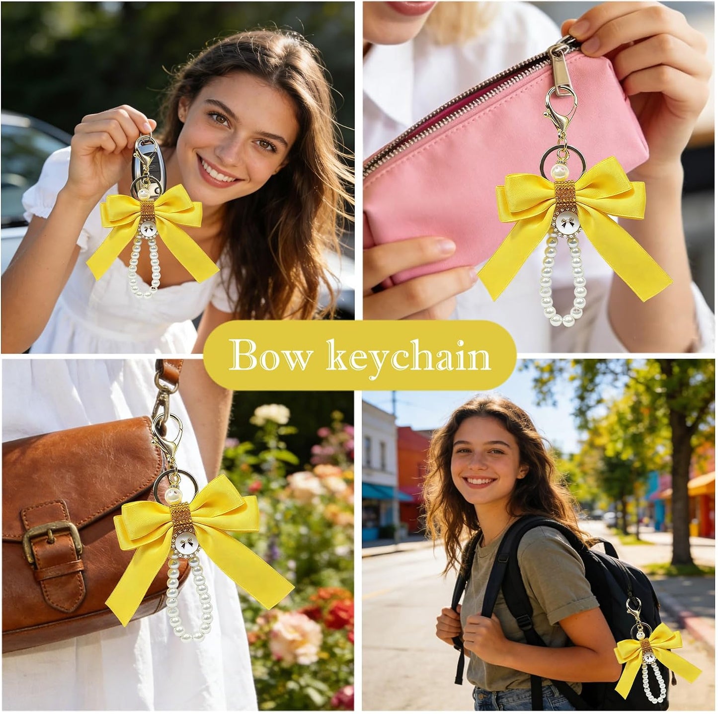 Tote Bag Charm Set for YETI Camino & Bogg, Bow Pom Pom Accessories (Yellow Sunny) | 11PCS tote charm set with pearl chain, acrylic chain, lipstick holder, tennis & shoe charms. DIY fashion bag decoration gift