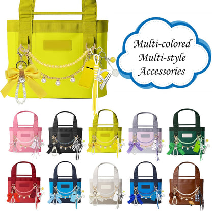 Tote Bag Charm Set for YETI Camino & Bogg, Bow Pom Pom Accessories (Yellow Sunny) | 11PCS tote charm set with pearl chain, acrylic chain, lipstick holder, tennis & shoe charms. DIY fashion bag decoration gift
