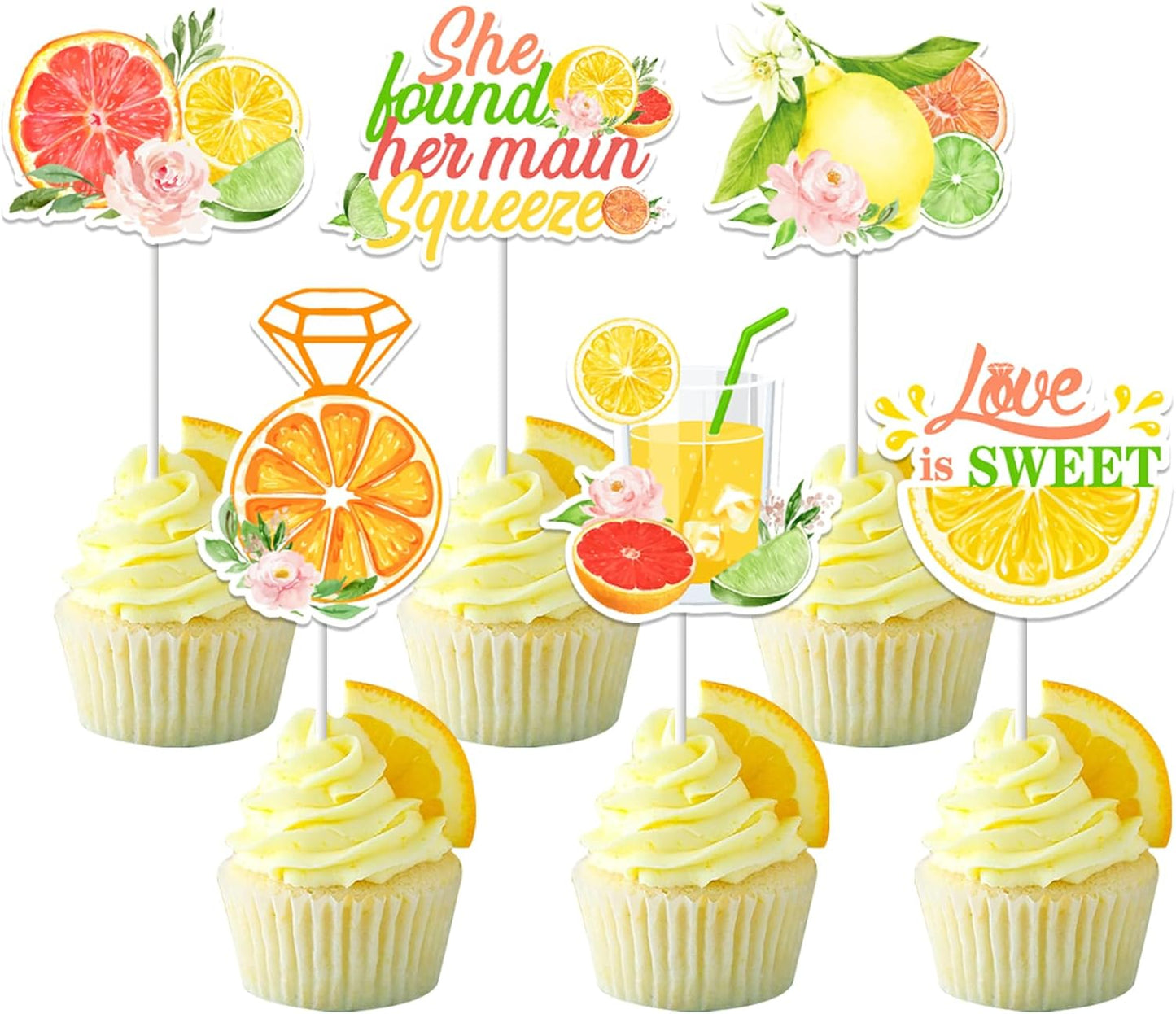 36pc Citrus Themed Bridal Shower Cake Toppers: She Found Her Main Squeeze, Lemon, Orange, Fruit, Bachelorette Party Decor