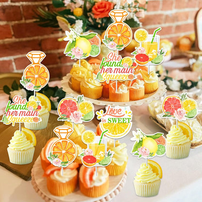 36pc Citrus Themed Bridal Shower Cake Toppers: She Found Her Main Squeeze, Lemon, Orange, Fruit, Bachelorette Party Decor