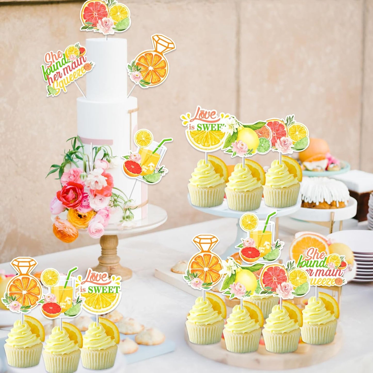 36pc Citrus Themed Bridal Shower Cake Toppers: She Found Her Main Squeeze, Lemon, Orange, Fruit, Bachelorette Party Decor