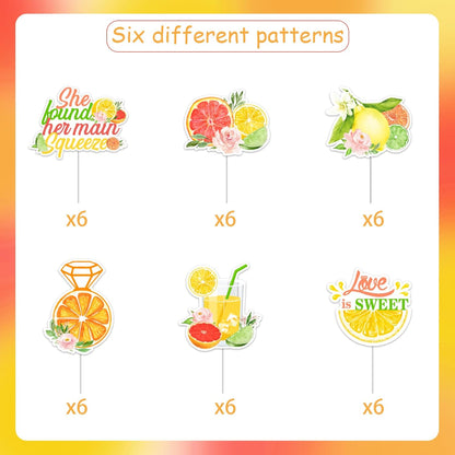 36pc Citrus Themed Bridal Shower Cake Toppers: She Found Her Main Squeeze, Lemon, Orange, Fruit, Bachelorette Party Decor
