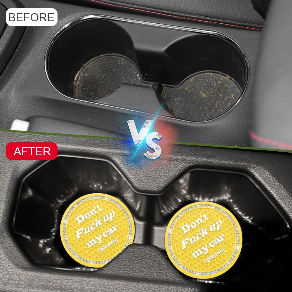 4PCS Bling Car Cup Holder Coaster, 2.75 Inch Anti-Slip Auto Insert Cup Coaster, Universal Interior Decor Accessories Crystal Car Drink Cup Mat Perfect for Women Girls (Yellow, 4PCS)